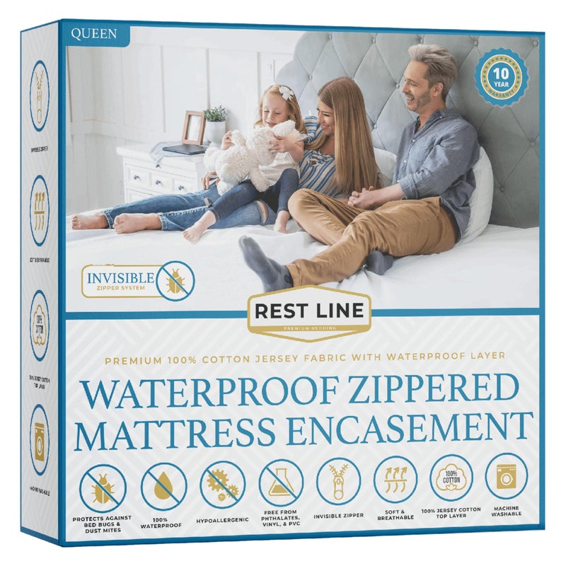 REST LINE PREMIUM BEDDING غطاء مرتبة ملكي مقاس 60x80 بوصة مقاوم للماء مع سحاب، 100% قطن، مضاد للحساسية، غطاء مرتبة من ستة جوانب، سحاب غير مرئي، ناعم وقابل للتنفس حتى عمق 15 بوصة - رست لاين - Image 1